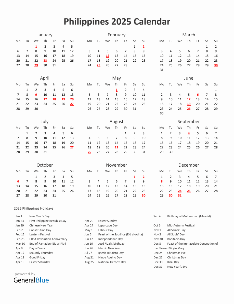 2025 Yearly Calendar Printable With Philippines Holidays - Monday Start
