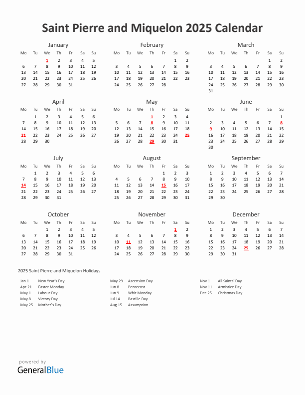 2025 Yearly Calendar Printable With Saint Pierre and Miquelon Holidays