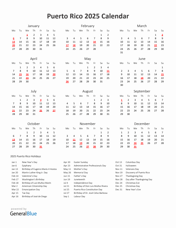 2025 Yearly Calendar Printable With Puerto Rico Holidays