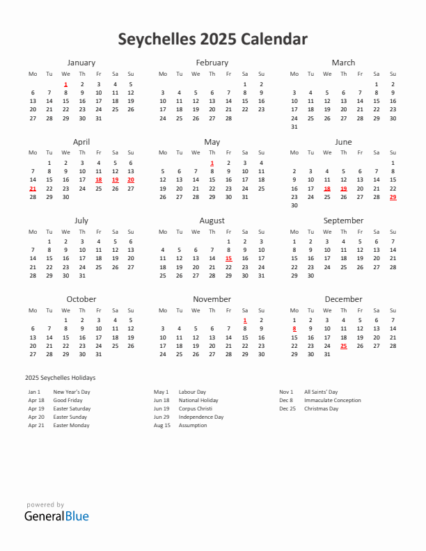 2025 Yearly Calendar Printable With Seychelles Holidays