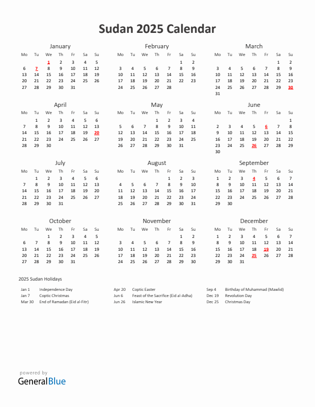 2025 Yearly Calendar Printable With Sudan Holidays