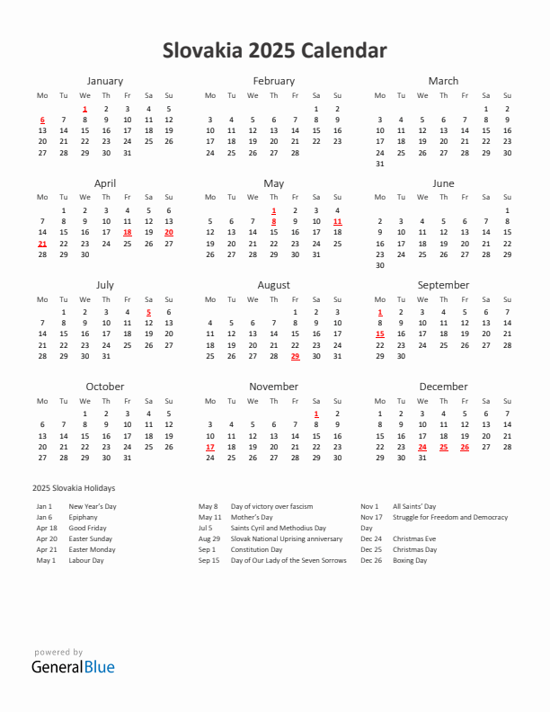 2025 Yearly Calendar Printable With Slovakia Holidays