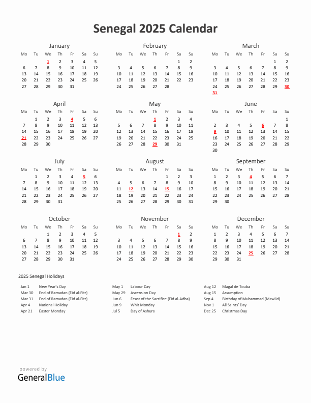 2025 Yearly Calendar Printable With Senegal Holidays
