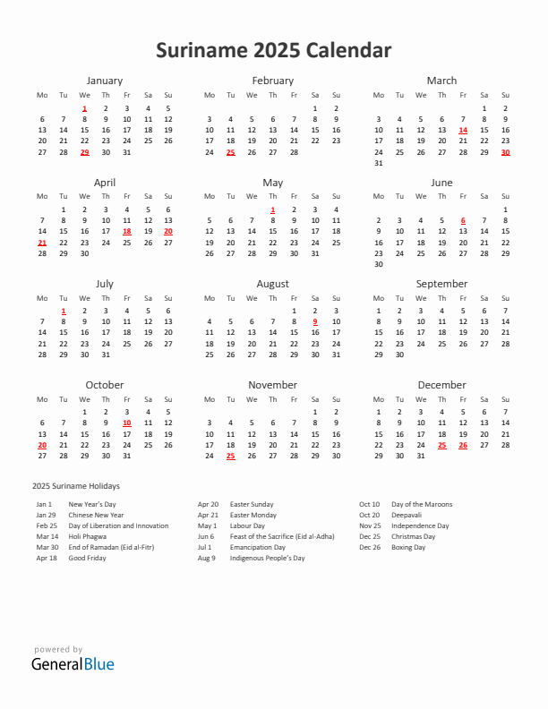 2025 Yearly Calendar Printable With Suriname Holidays