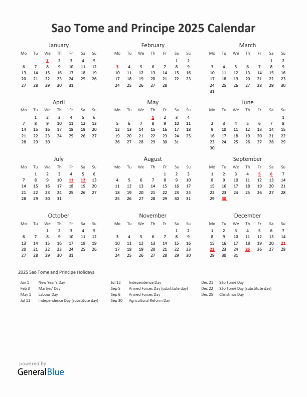 2025 Yearly Calendar Printable With Sao Tome and Principe Holidays