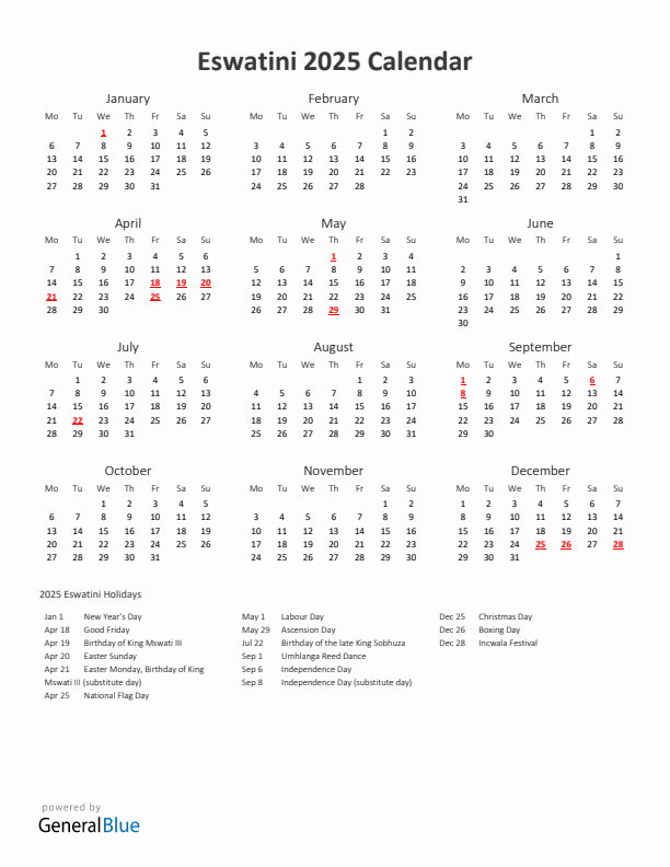 2025 Yearly Calendar Printable With Eswatini Holidays