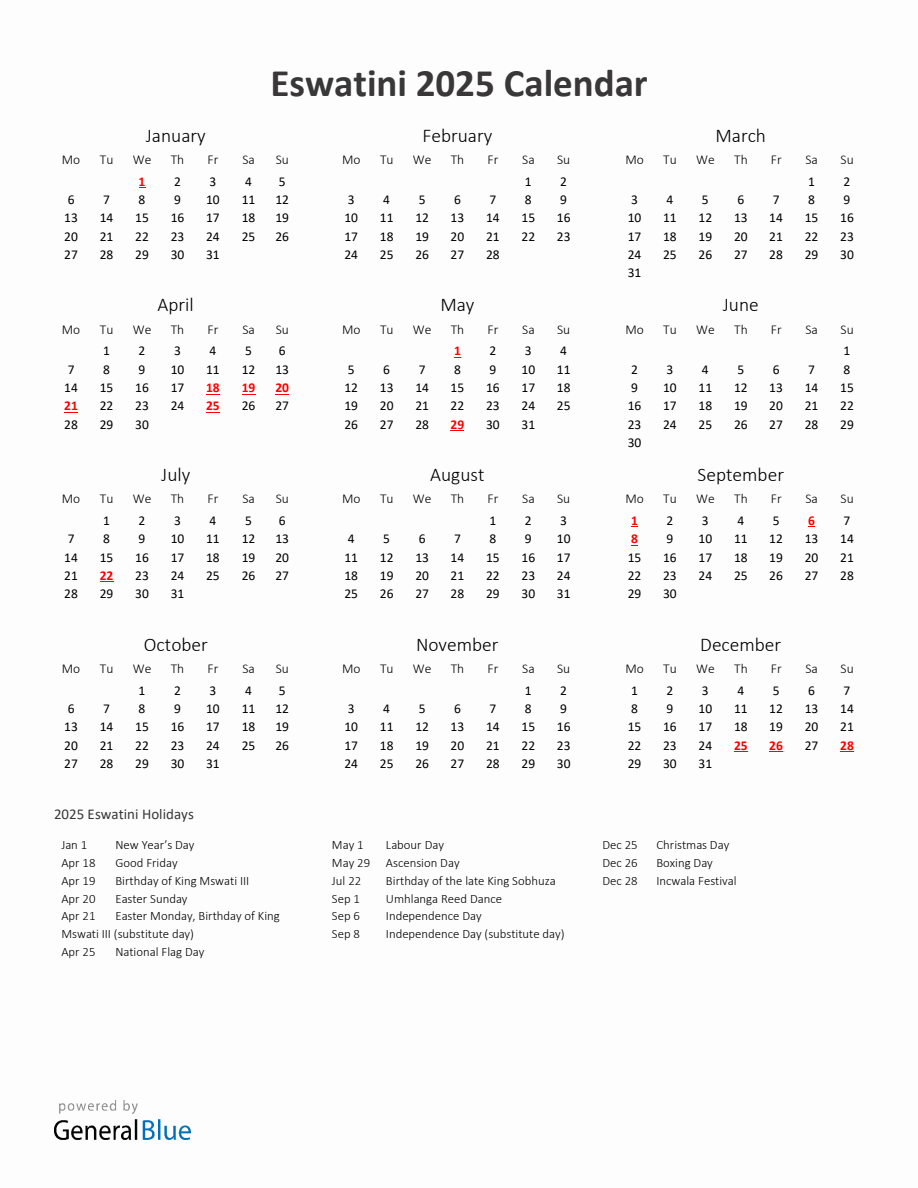 2025 Yearly Calendar Printable With Eswatini Holidays - Monday Start