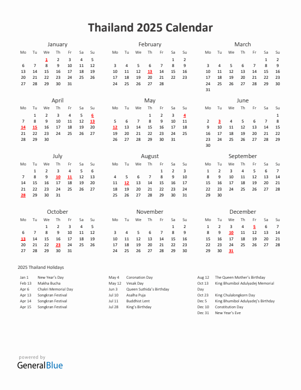 2025 Yearly Calendar Printable With Thailand Holidays