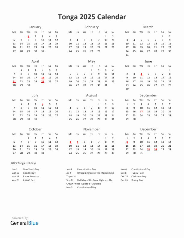 2025 Yearly Calendar Printable With Tonga Holidays