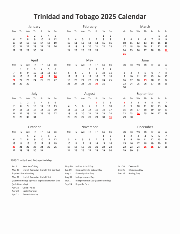 2025 Yearly Calendar Printable With Trinidad and Tobago Holidays