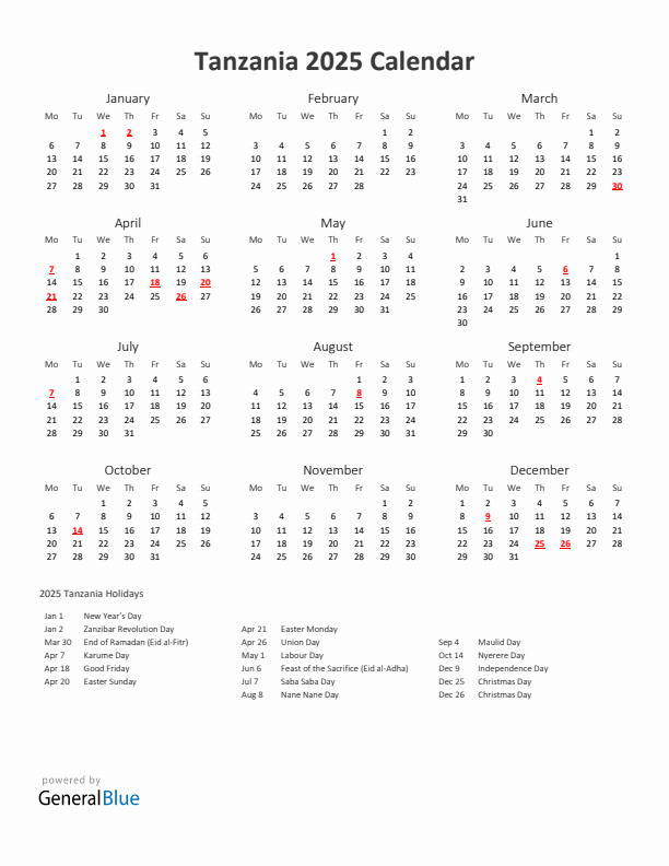 2025 Tanzania Calendar with Holidays