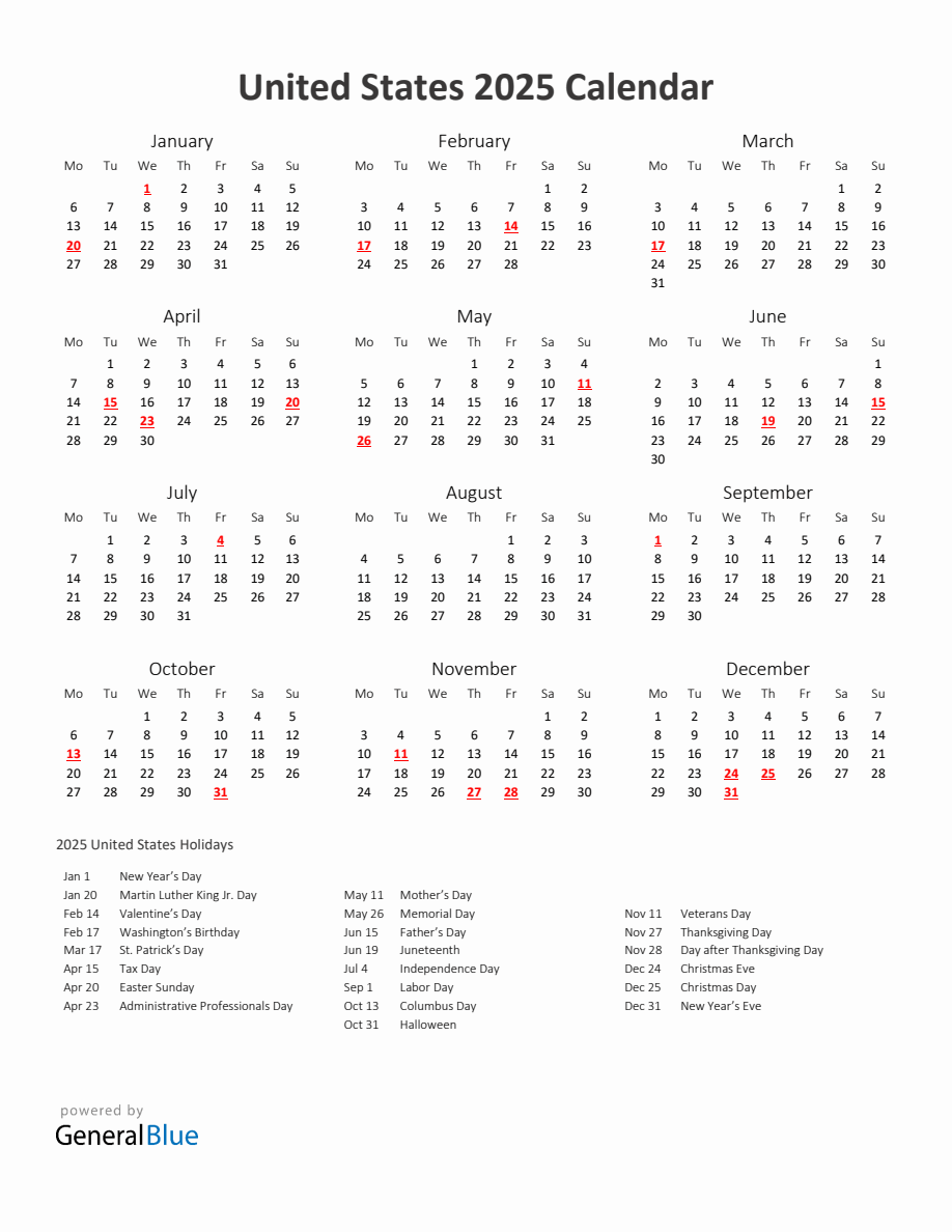 2025 Yearly Calendar Printable With United States Holidays - Monday Start