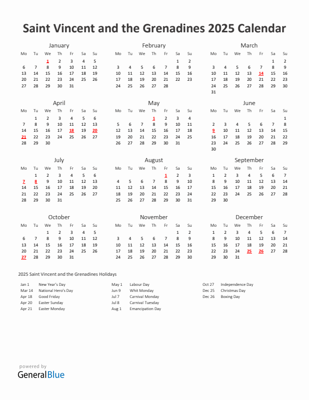 2025 Yearly Calendar Printable With Saint Vincent and the Grenadines Holidays