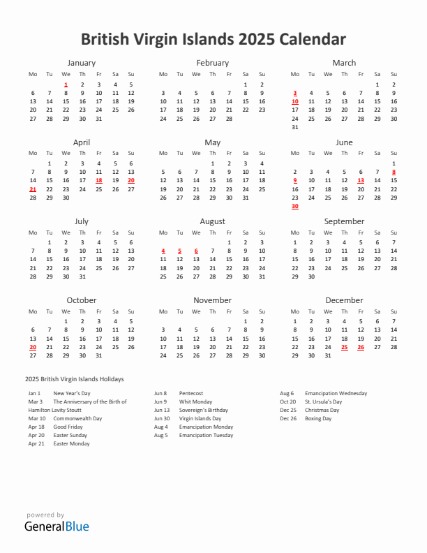2025 Yearly Calendar Printable With British Virgin Islands Holidays