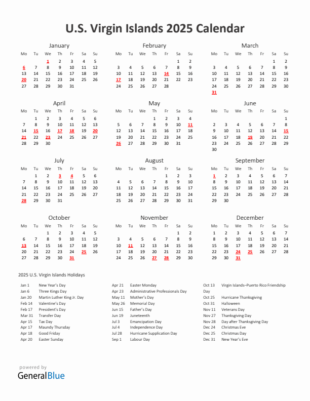 2025 Yearly Calendar Printable With U.S. Virgin Islands Holidays