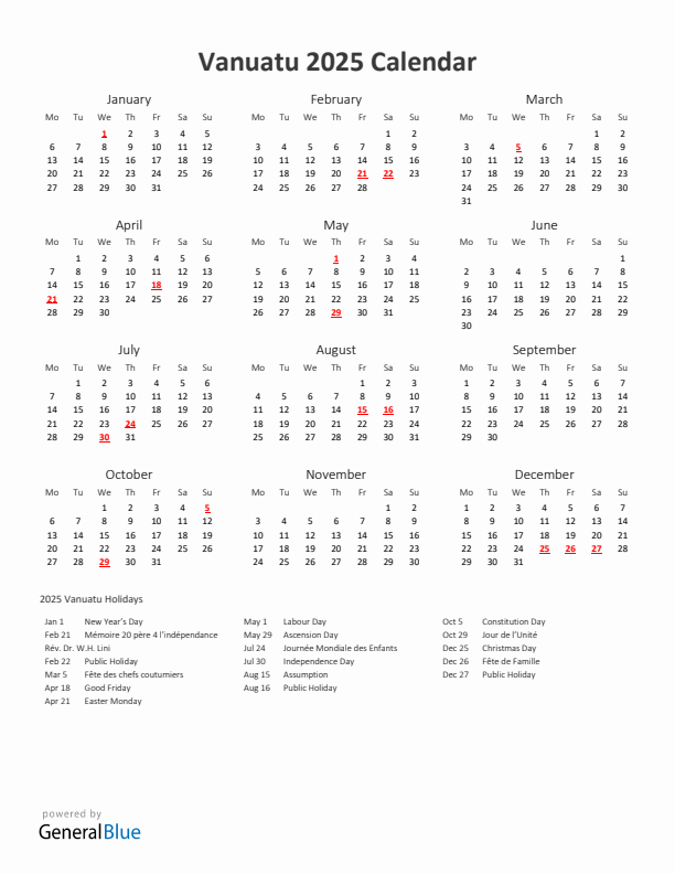 2025 Yearly Calendar Printable With Vanuatu Holidays