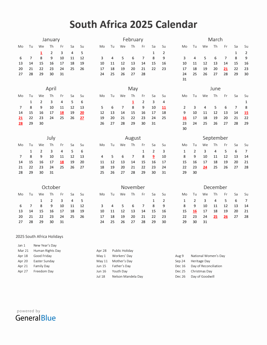2025 Yearly Calendar Printable With South Africa Holidays - Monday Start