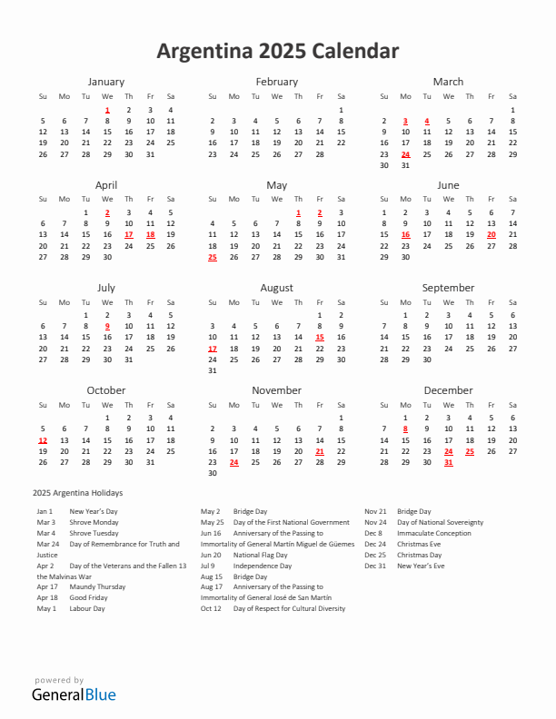 2025 Yearly Calendar Printable With Argentina Holidays