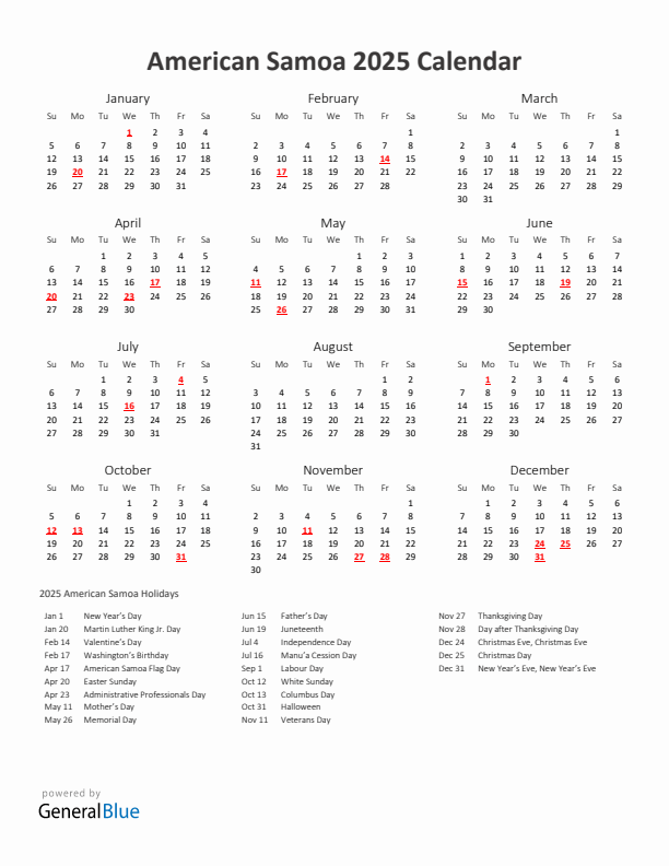 2025 Yearly Calendar Printable With American Samoa Holidays