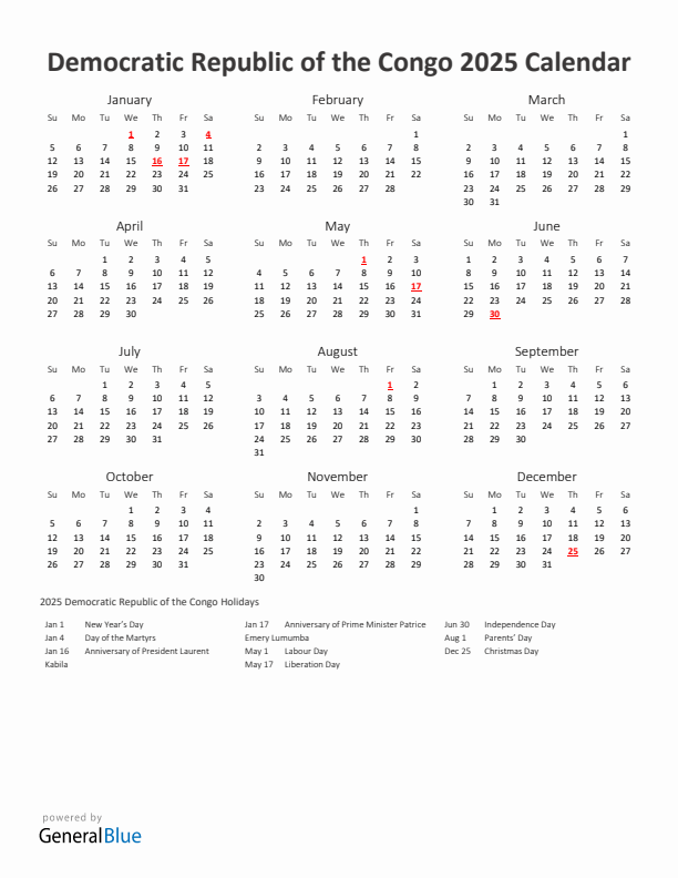 2025 Yearly Calendar Printable With Democratic Republic of the Congo Holidays