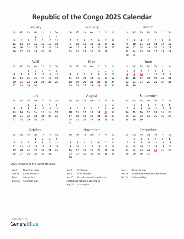 2025 Yearly Calendar Printable With Republic of the Congo Holidays