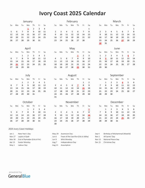 2025 Yearly Calendar Printable With Ivory Coast Holidays