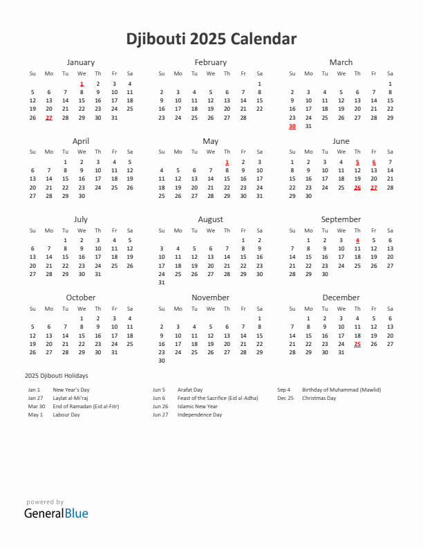2025 Yearly Calendar Printable With Djibouti Holidays