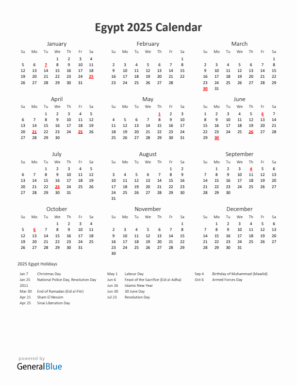 2025 Yearly Calendar Printable With Egypt Holidays