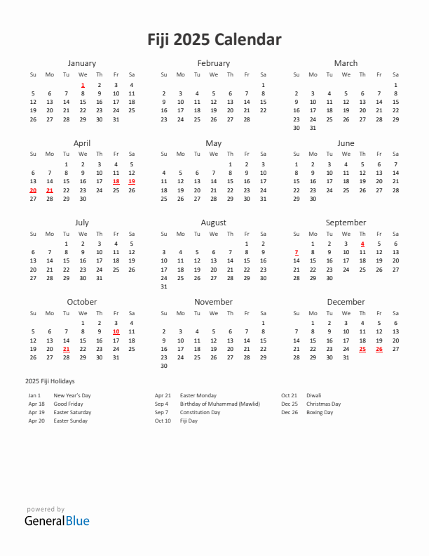 2025 Yearly Calendar Printable With Fiji Holidays