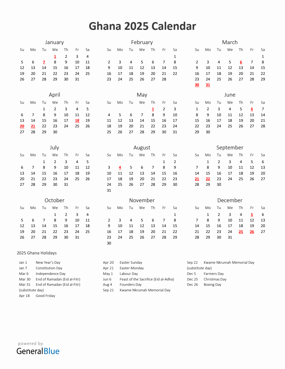 2025 Yearly Calendar Printable With Ghana Holidays
