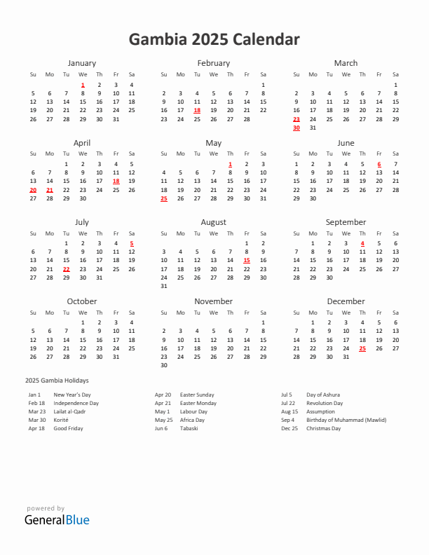 2025 Yearly Calendar Printable With Gambia Holidays