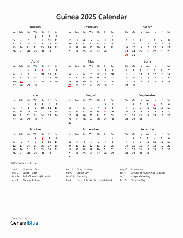 2025 Yearly Calendar Printable With Guinea Holidays