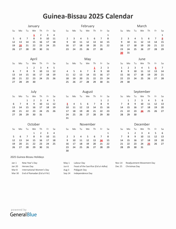 2025 Yearly Calendar Printable With Guinea-Bissau Holidays