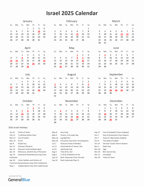 2025 Yearly Calendar Printable With Israel Holidays