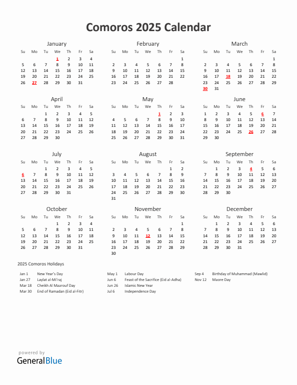 2025 Yearly Calendar Printable With Comoros Holidays