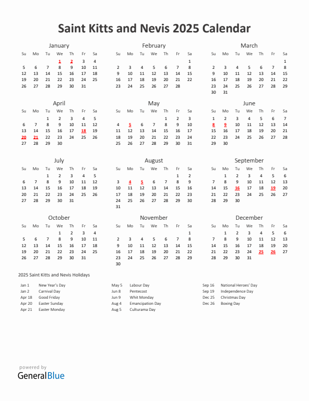 2025 Yearly Calendar Printable With Saint Kitts and Nevis Holidays
