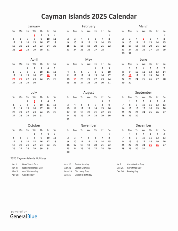 2025 Yearly Calendar Printable With Cayman Islands Holidays