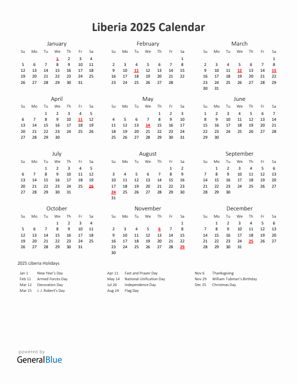 2025 Yearly Calendar Printable With Liberia Holidays