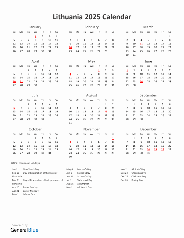 2025 Yearly Calendar Printable With Lithuania Holidays