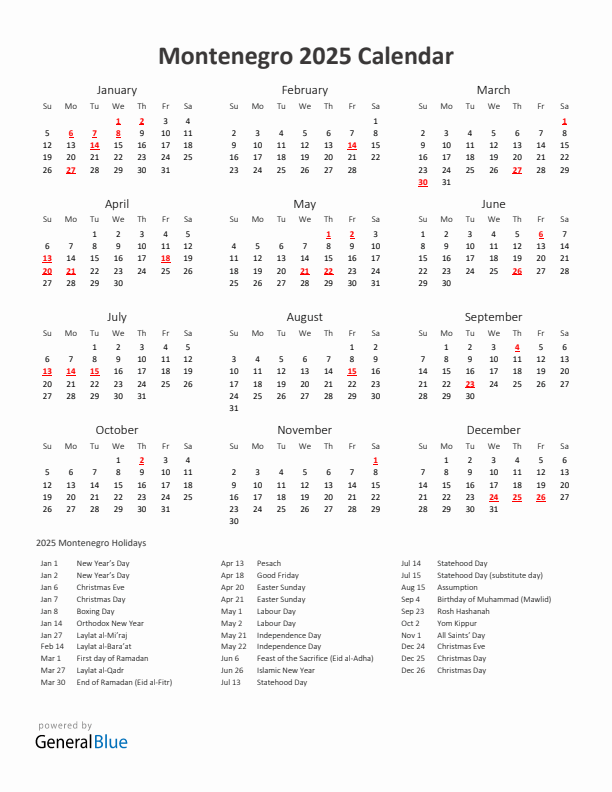 2025 Yearly Calendar Printable With Montenegro Holidays