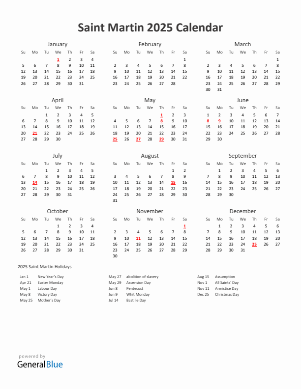 2025 Yearly Calendar Printable With Saint Martin Holidays