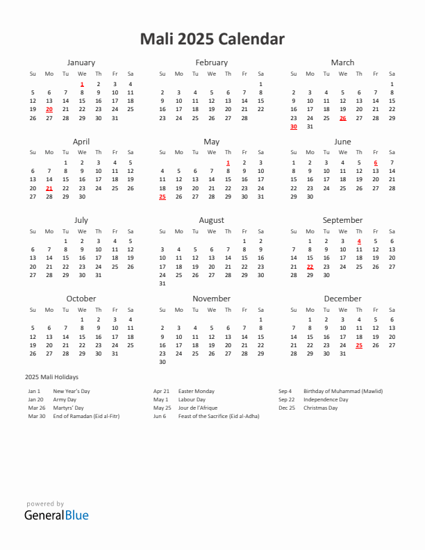2025 Yearly Calendar Printable With Mali Holidays