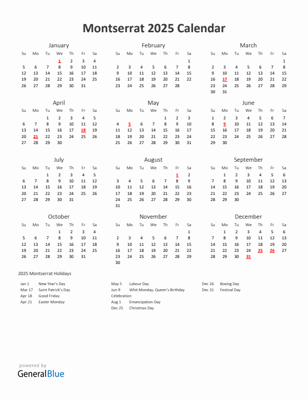 2025 Yearly Calendar Printable With Montserrat Holidays
