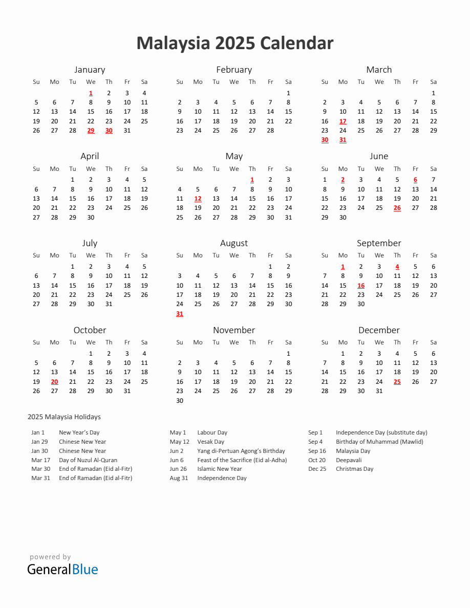 2025 Yearly Calendar Printable With Malaysia Holidays