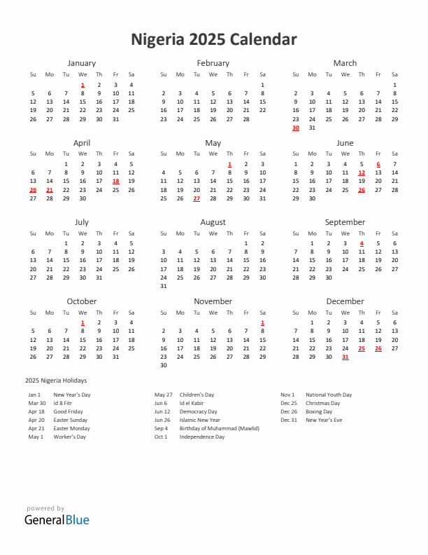 2025 Yearly Calendar Printable With Nigeria Holidays