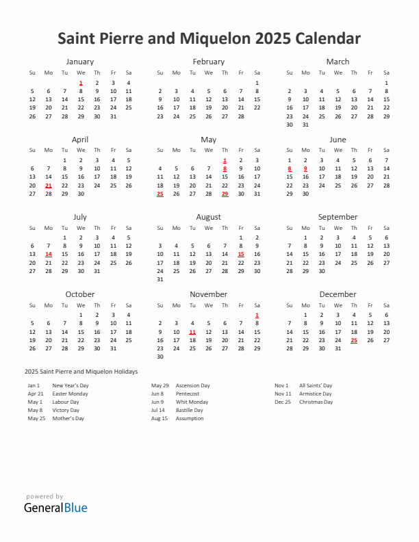 2025 Yearly Calendar Printable With Saint Pierre and Miquelon Holidays
