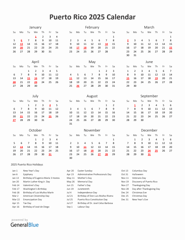 2025 Yearly Calendar Printable With Puerto Rico Holidays