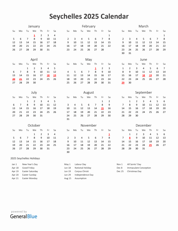 2025 Yearly Calendar Printable With Seychelles Holidays