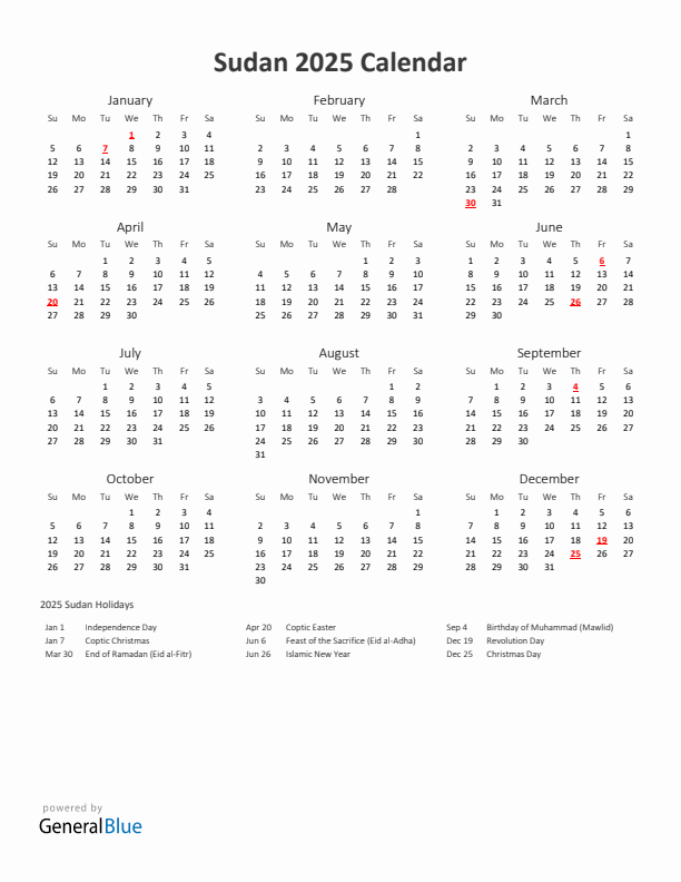 2025 Yearly Calendar Printable With Sudan Holidays