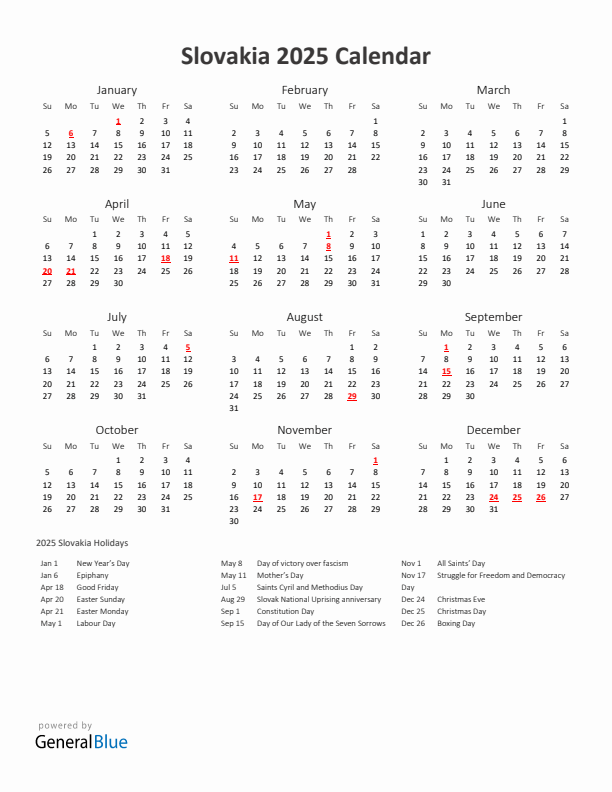 2025 Yearly Calendar Printable With Slovakia Holidays